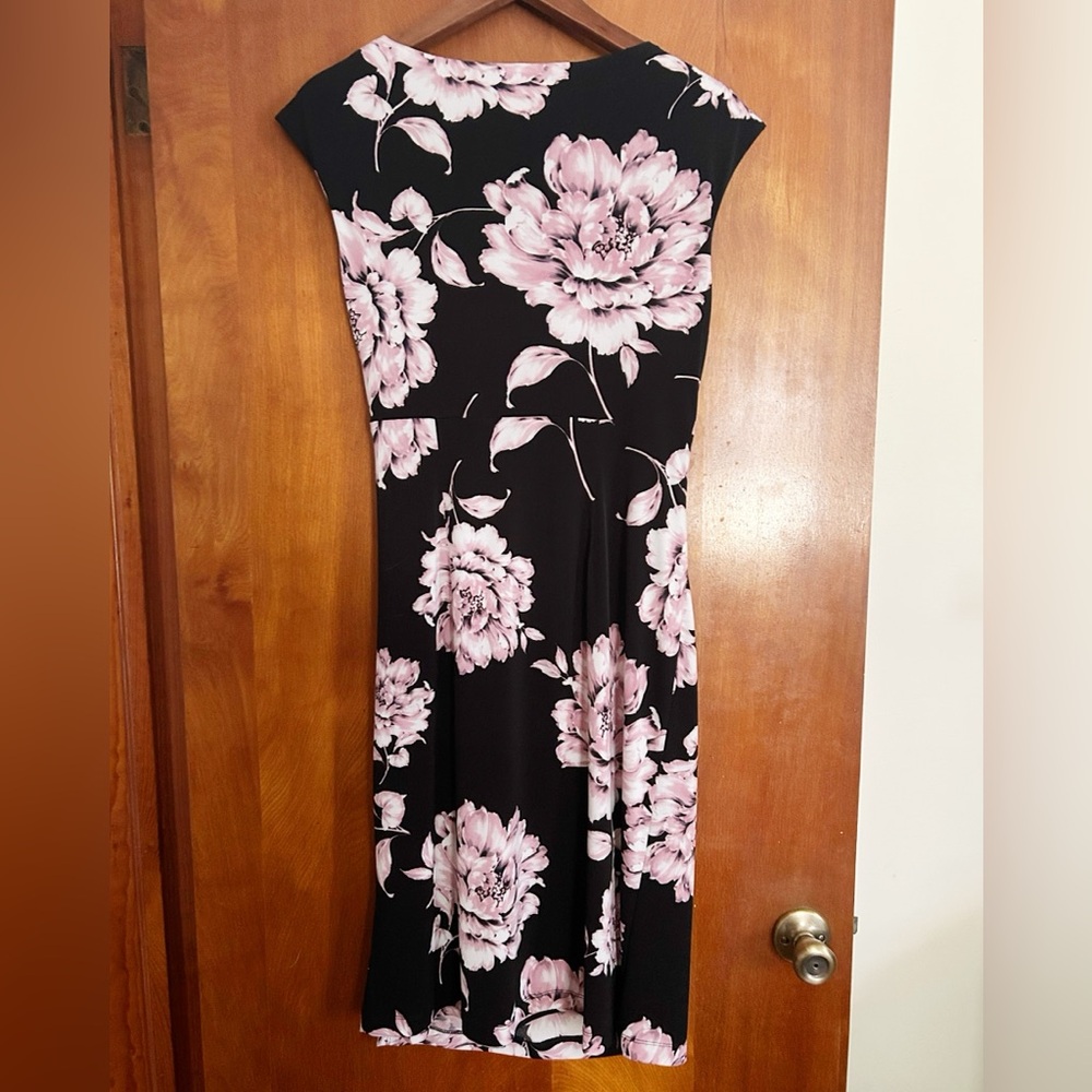 Connected Apparel, Black/Pink Floral, Faux Wrap Midi Dress, EUC, Size 12 - Picture 2 of 6